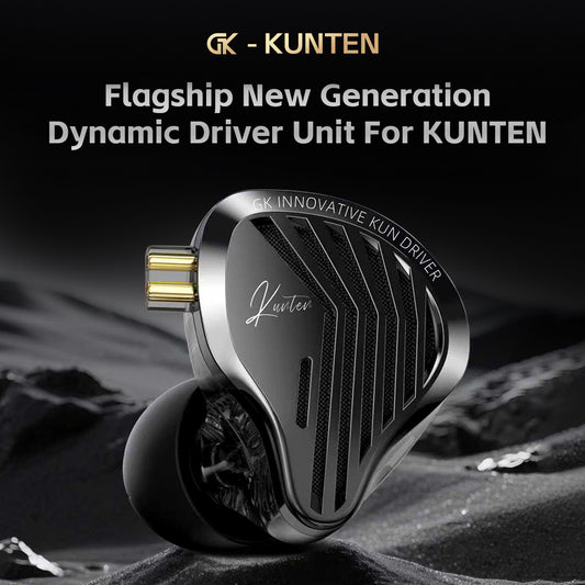 GK KUNTEN dynamic driver unit in a sleek metallic black finish with a gold connector, set against a dark, textured background with promotional text at the top.
