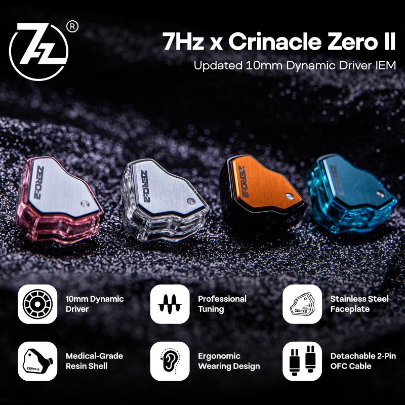 Four earbud colors (pink, silver, orange, blue) with 7Hz branding on a dark background.