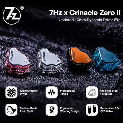 Four earbud colors (pink, silver, orange, blue) with 7Hz branding on a dark background.