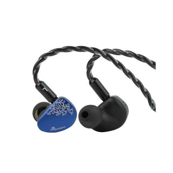 In-ear headphones with blue driver unit and black cable on a white background