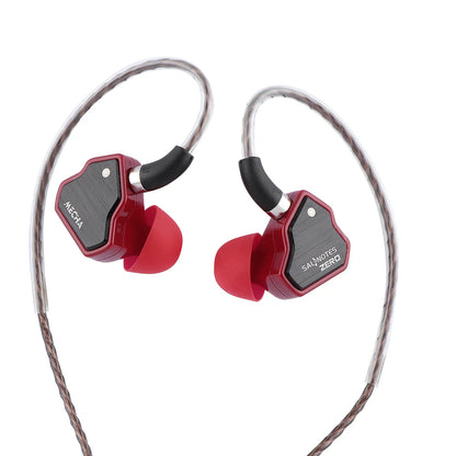 Red and black in-ear headphones on a white background