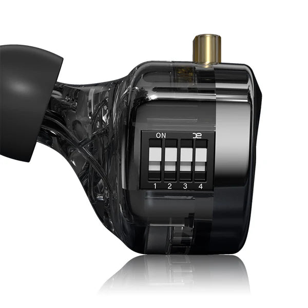 Close up of cca rhapsody IEM with 4 switches visible