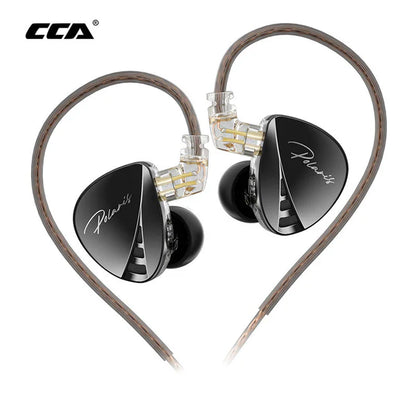 CCA Polaris in-ear monitors with black glossy earpieces, clear transparent connectors, and brown braided cables on a white background.