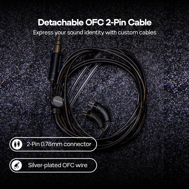 Detachable OFC 2-Pin Cable on a dark textured background with text highlighting features.