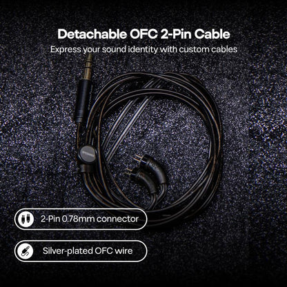 Detachable OFC 2-Pin Cable on a dark textured background with text highlighting features.