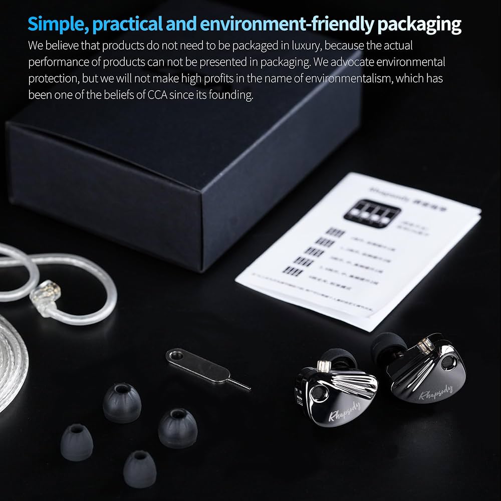 A pair of black and silver in-ear monitors with multiple ear tips, a small tool, a white instruction sheet, and a black box on a dark background, with promotional text at the top.