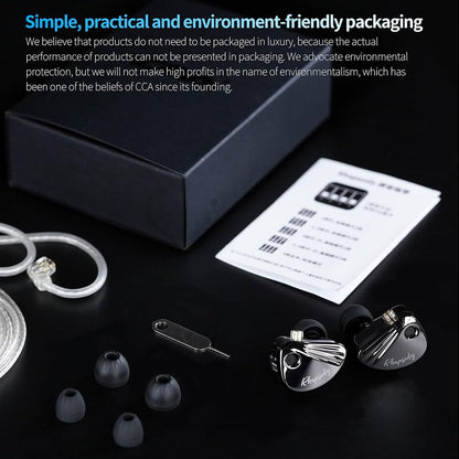 A pair of black and silver in-ear monitors with multiple ear tips, a small tool, a white instruction sheet, and a black box on a dark background, with promotional text at the top.
