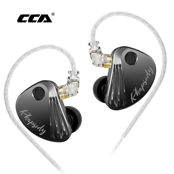 Pair of black in-ear headphones with 'Rhapsody' branding on a white background, featuring the CCA logo.