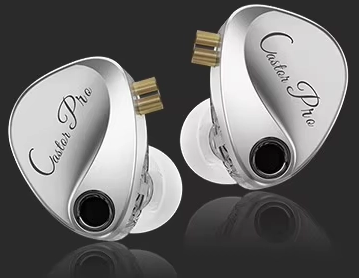 Two metallic in-ear earphones with engraved 'Castor Pro' branding, shown on a dark reflective background.