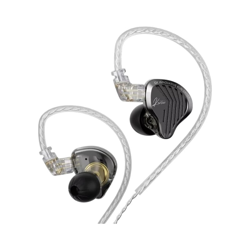 A pair GK Kunten with clear transparent housings, black ear tips, and silver braided cables, shown on a plain white background.