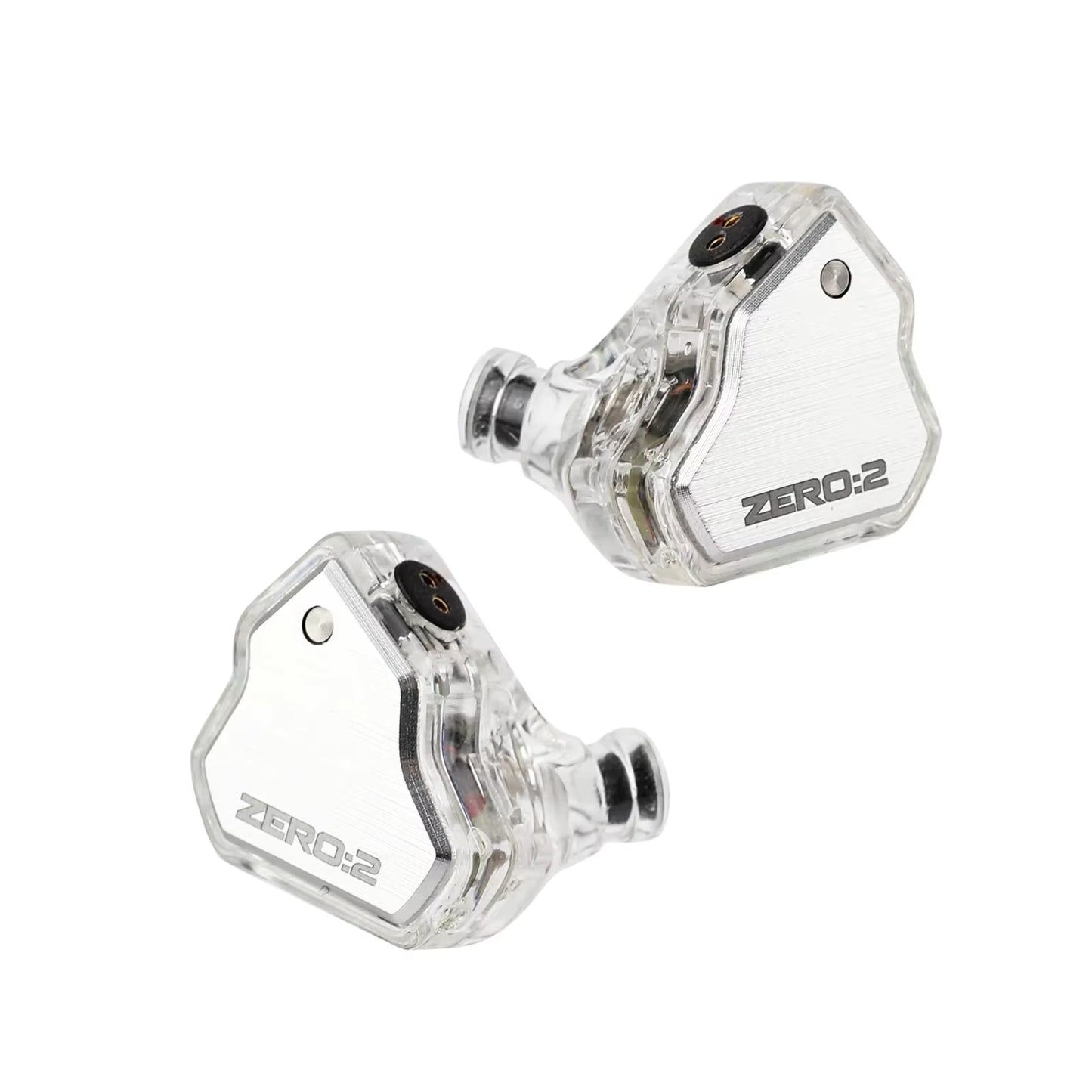 Clear in-ear monitors with 'ZERO 2' branding on a white background