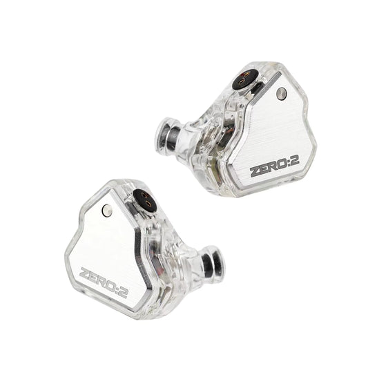Clear in-ear monitors with 'ZERO 2' branding on a white background