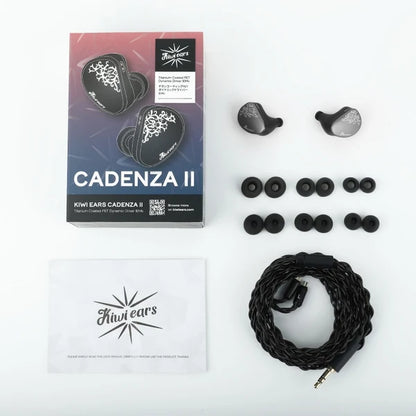 Kiwi Ears Cadenza II earbud components and packaging on a white background