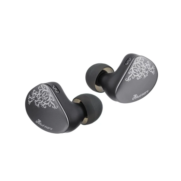 Pair of grey Kiwi Ears Cadenza 2 with decorative patterns on a white background
