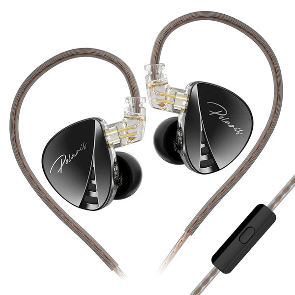 CCA Polaris in-ear monitors with black glossy earpieces, clear transparent connectors, and brown braided cables with a microphone on a white background.