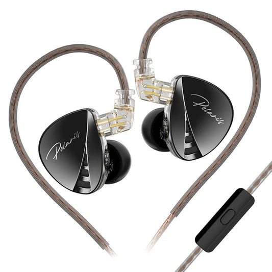 CCA Polaris in-ear monitors with black glossy earpieces, clear transparent connectors, and brown braided cables with a microphone on a white background.