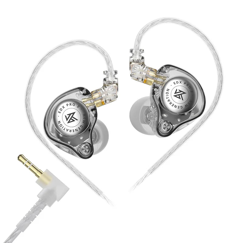 Pair of crystal KZ EDX Pro 2 clear cable on a white background