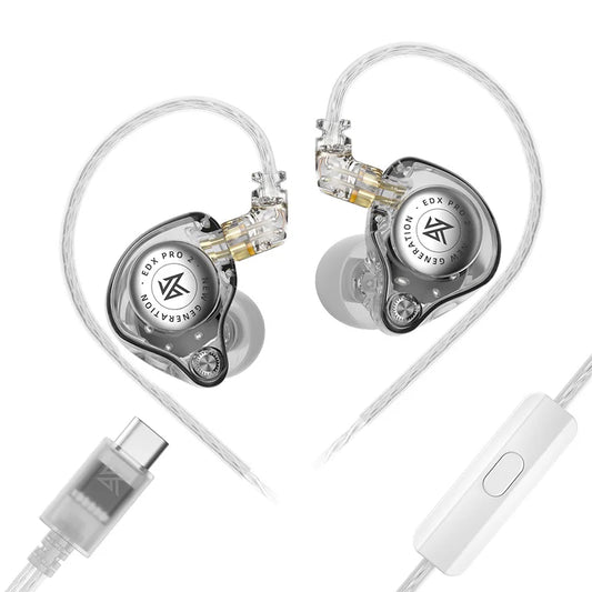 Pair of crystal KZ EDX Pro 2 DSP clear cable on a white background
