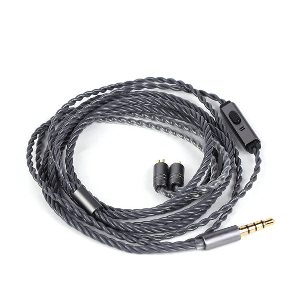 Coiled audio cable with connectors on a white background