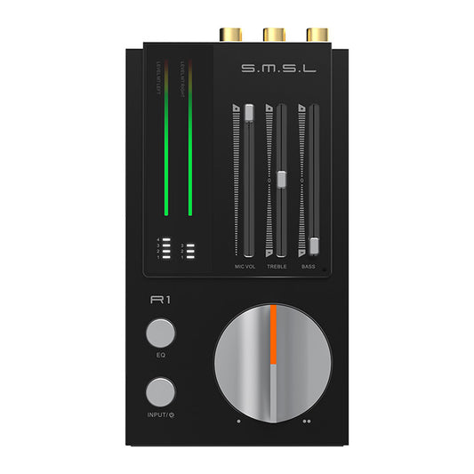 A black SMSL R1 DAC on white background