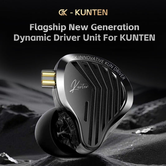 GK KUNTEN dynamic driver unit in a sleek metallic black finish with a gold connector, set against a dark, textured background with promotional text at the top.