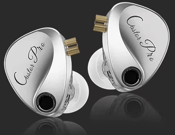 Two metallic in-ear earphones with engraved 'Castor Pro' branding, shown on a dark reflective background.