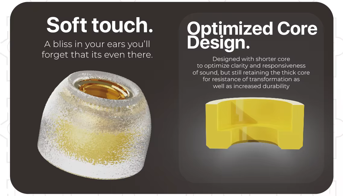 Promotional graphic for the tangzu sancai ear tips with a yellow transformation core, featuring marketing text on a dark gray background.