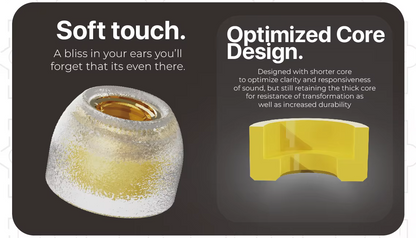 Promotional graphic for the tangzu sancai ear tips with a yellow transformation core, featuring marketing text on a dark gray background.
