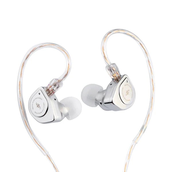 Pair of silver simgot ew200 on a white background