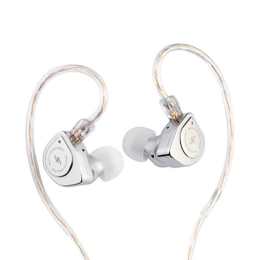 Pair of silver simgot ew200 on a white background