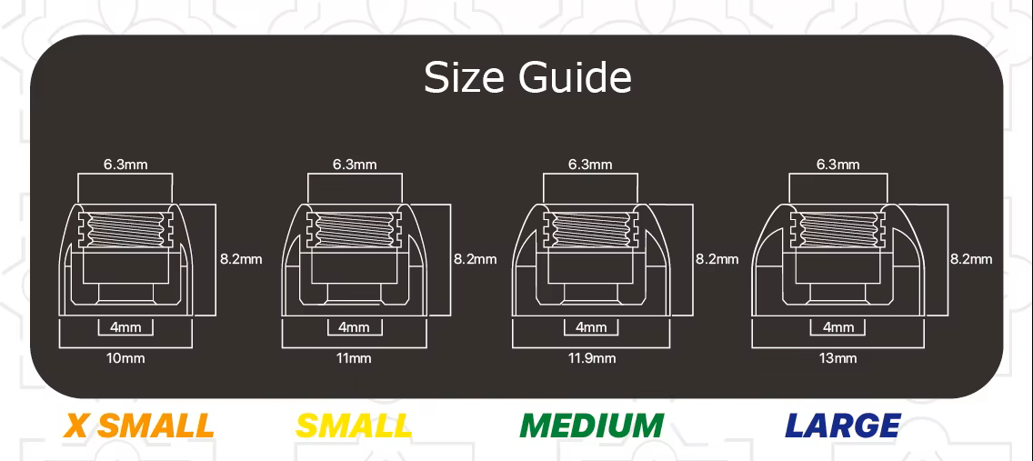 Size guide diagram for the tagnzu sancai tips showing four size options labeled X SMALL, SMALL, MEDIUM, and LARGE with white line drawings of hook shapes and measurements on a dark gray background.