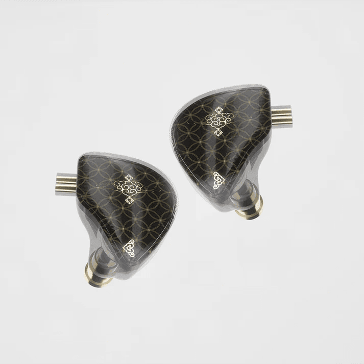 Pair of black and gold IEMs on a white background