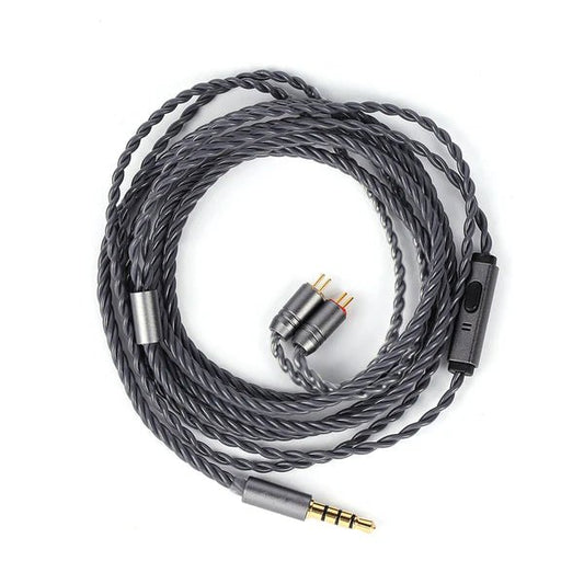 Coiled audio cable with connectors on a white background